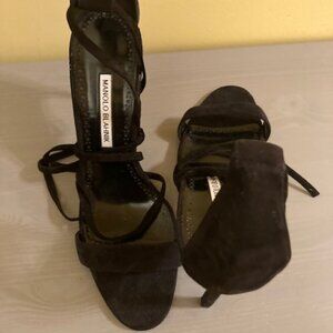 Manolo Blahnik black suede wrap heels, size 41.5